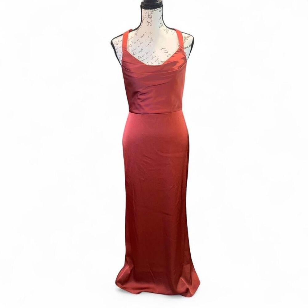 Azazie x Barbie Rust Satin Maxi Dress Strappy Formal Gown Fits 3/4 Y2K Prom